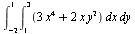 Int(Int(`+`(`*`(3, `*`(`^`(x, 4))), `*`(2, `*`(x, `*`(`^`(y, 2))))), x = 1 .. 3), y = -2 .. 1)